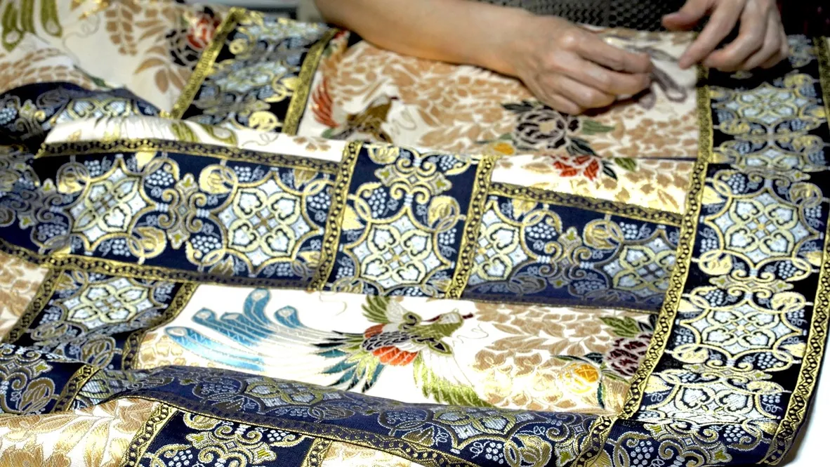 Navy and gold brocade panels